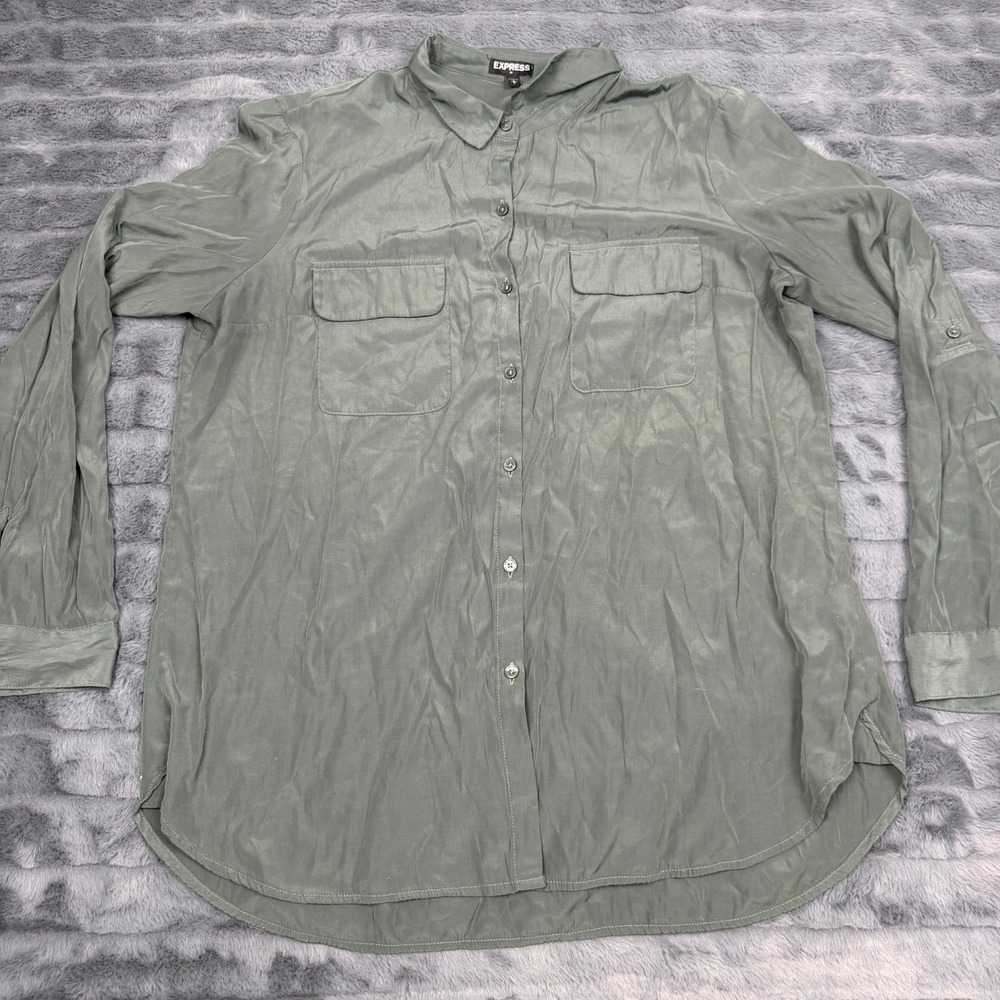 Express Olive Green Button Up Shirt Long Sleeve Roll Tab Pocket Top Large